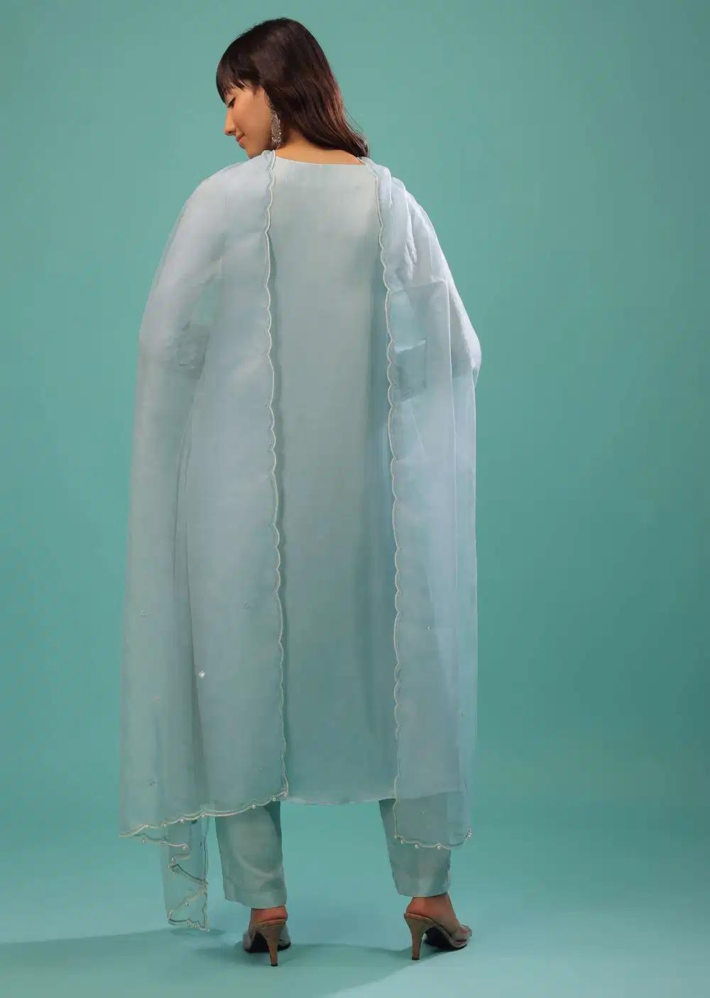 Powder Blue Bemberg Silk Kurti Suit With Dupatta And Pants