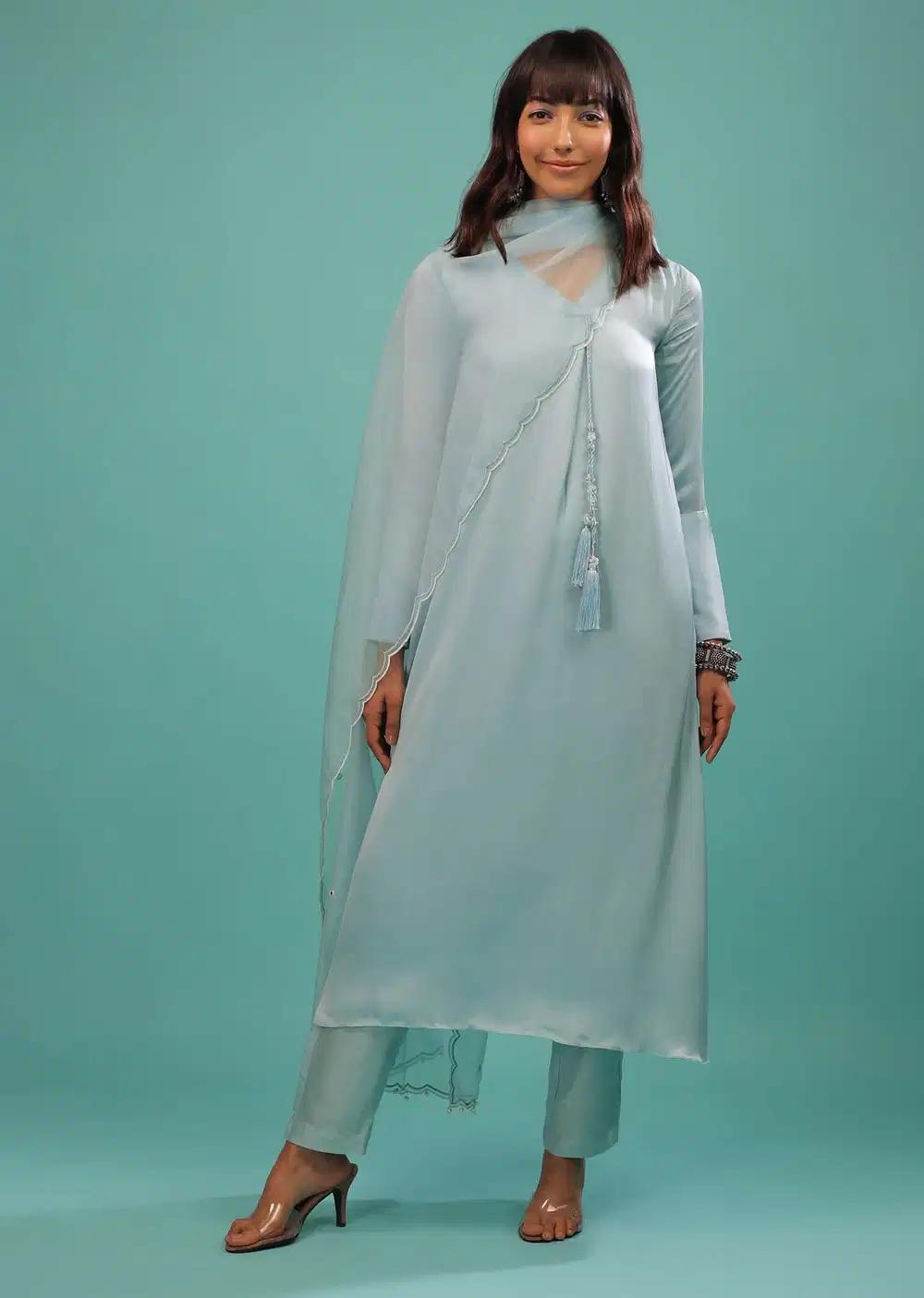 Powder Blue Bemberg Silk Kurti Suit With Dupatta And Pants