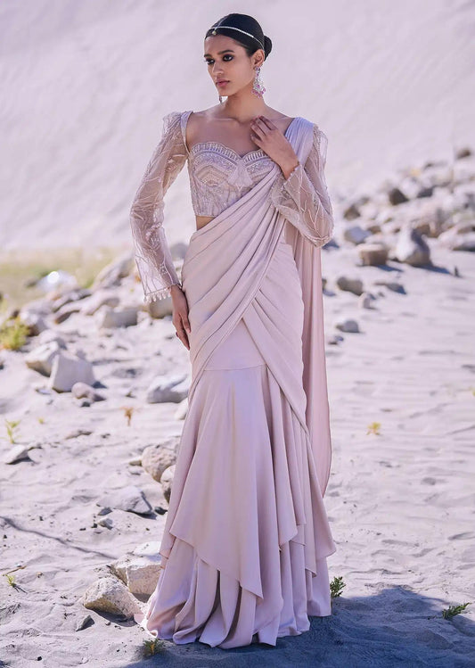 Pre Draped Beige Satin Saree With Corset Embroidered Blouse