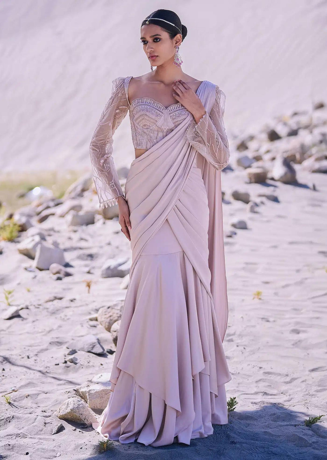 Pre Draped Beige Satin Saree With Corset Embroidered Blouse