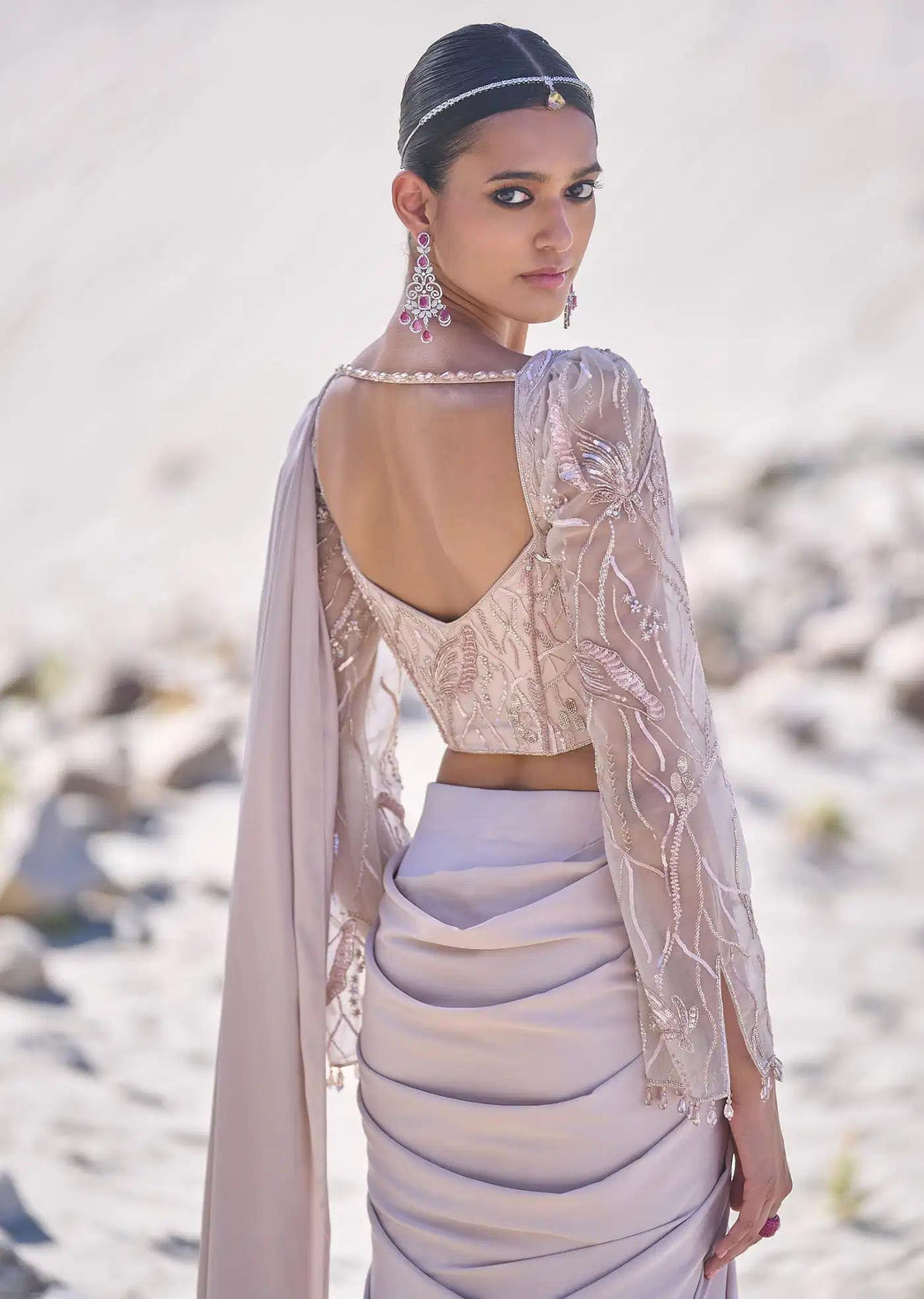 Pre Draped Beige Satin Saree With Corset Embroidered Blouse