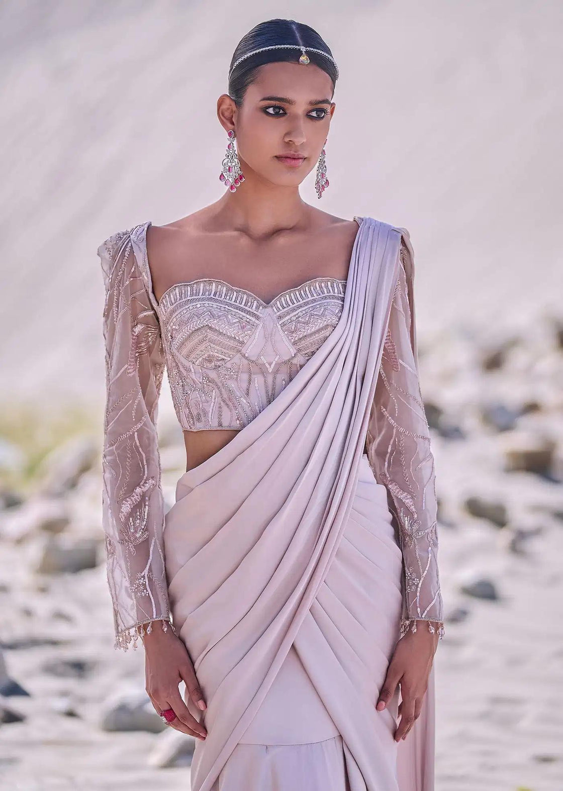 Pre Draped Beige Satin Saree With Corset Embroidered Blouse