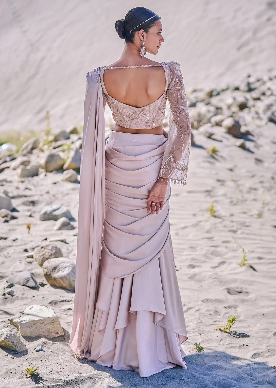 Pre Draped Beige Satin Saree With Corset Embroidered Blouse