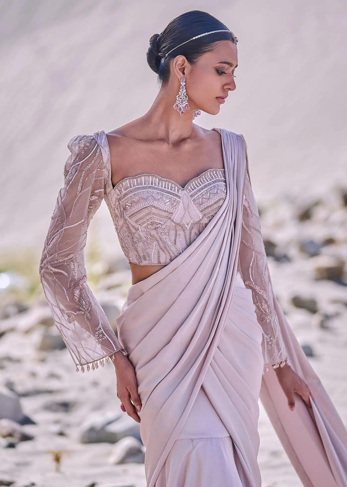 Pre Draped Beige Satin Saree With Corset Embroidered Blouse