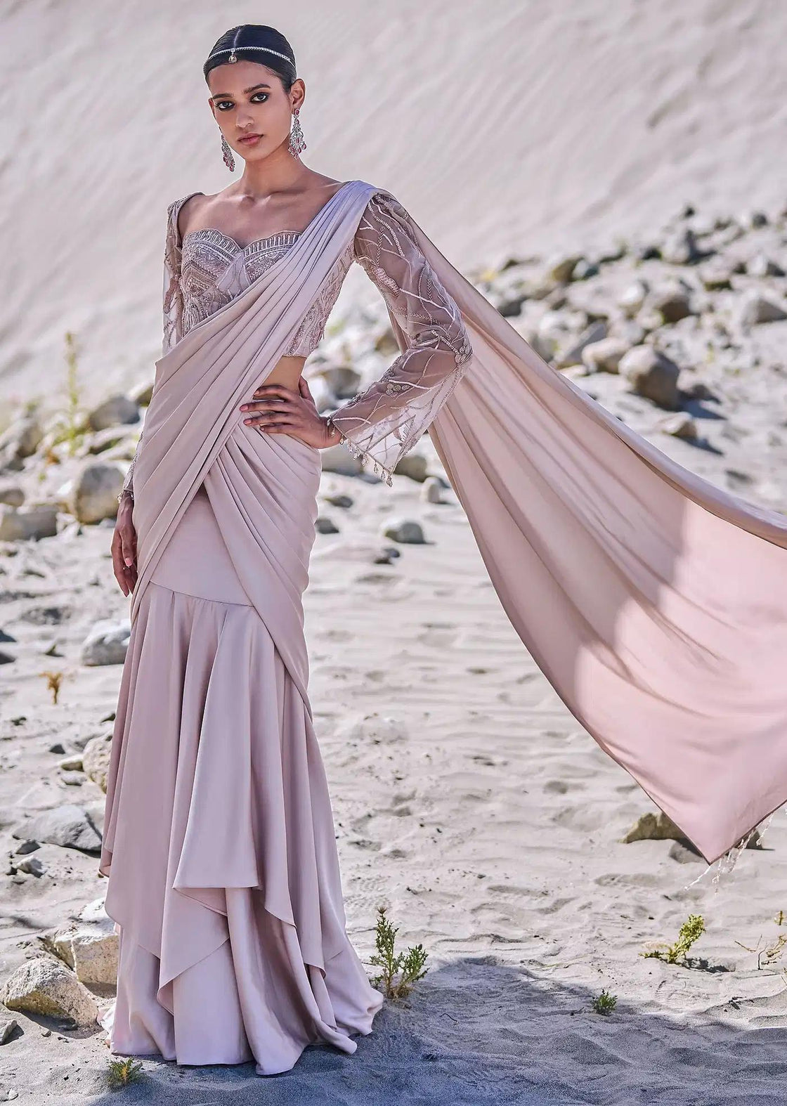 Pre Draped Beige Satin Saree With Corset Embroidered Blouse