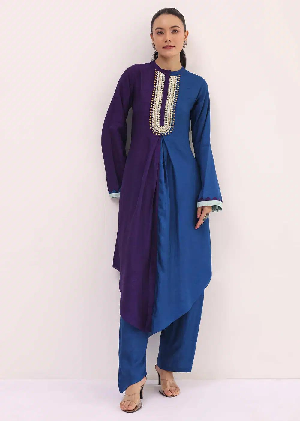 Purple And Blue Embroidered Kurta Pant Outfit