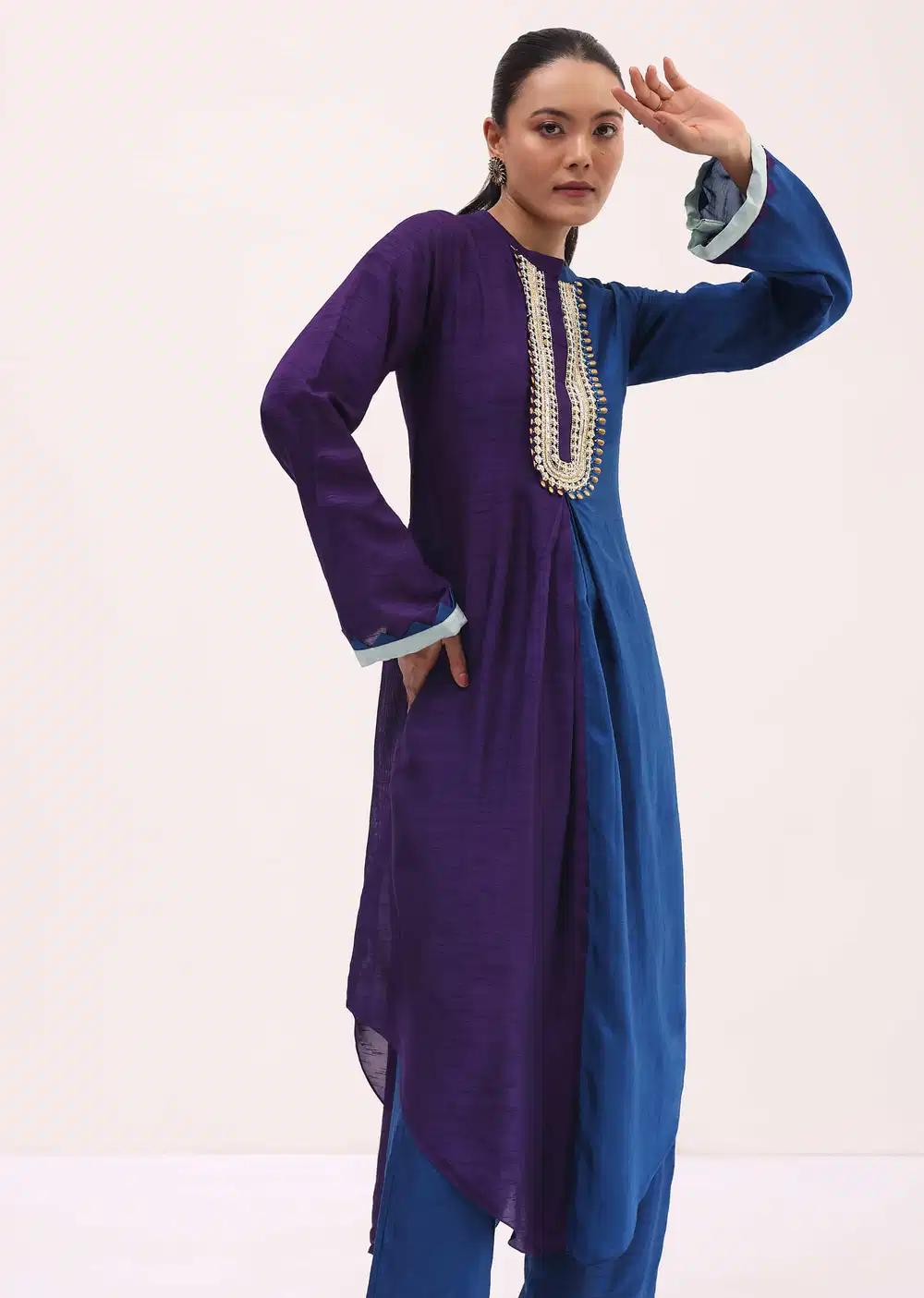 Purple And Blue Embroidered Kurta Pant Outfit