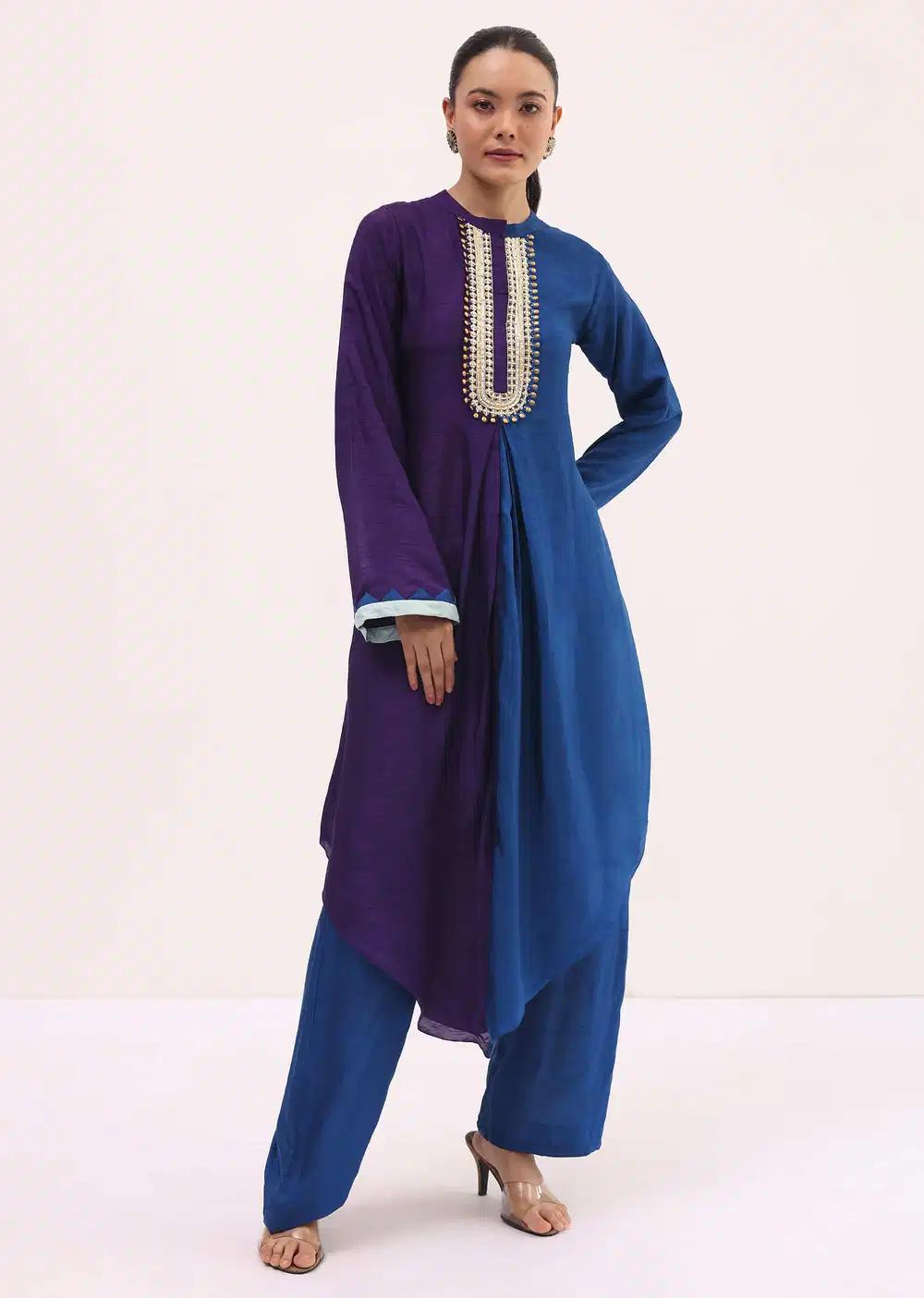 Purple And Blue Embroidered Kurta Pant Outfit