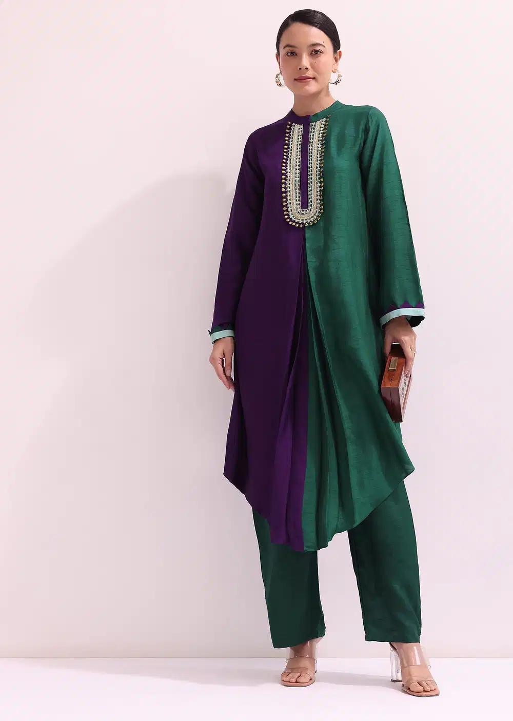 Purple And Green Embroidered Kurta Pant Outfit