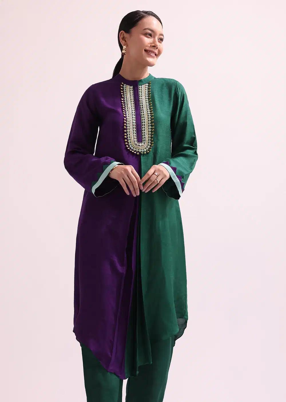 Purple And Green Embroidered Kurta Pant Outfit