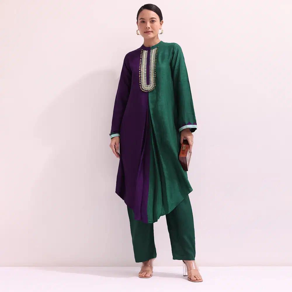 Purple And Green Embroidered Kurta Pant Outfit
