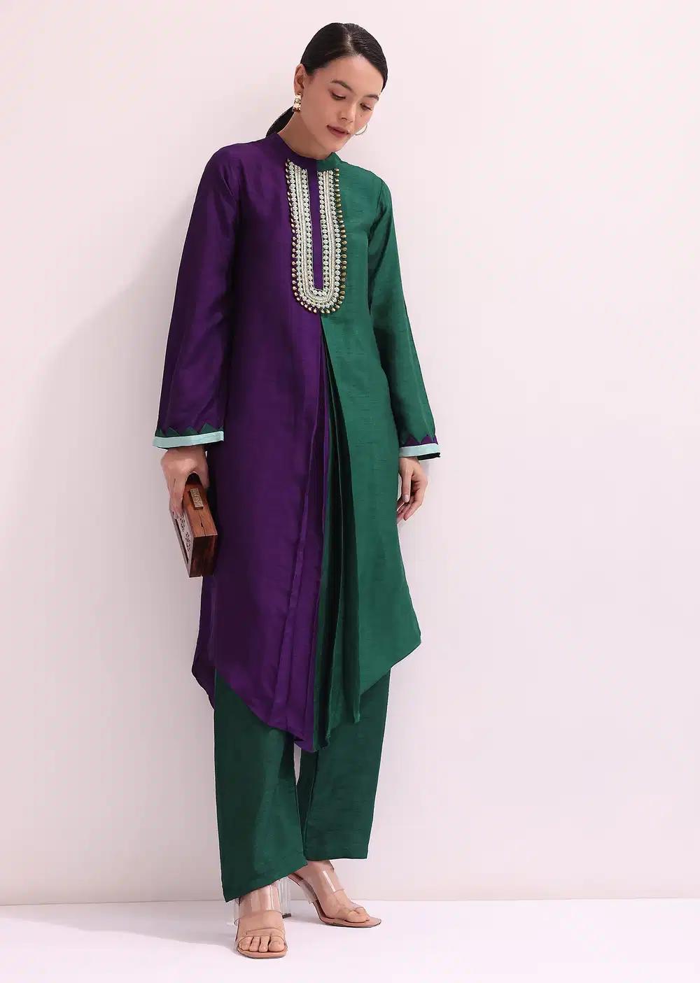 Purple And Green Embroidered Kurta Pant Outfit