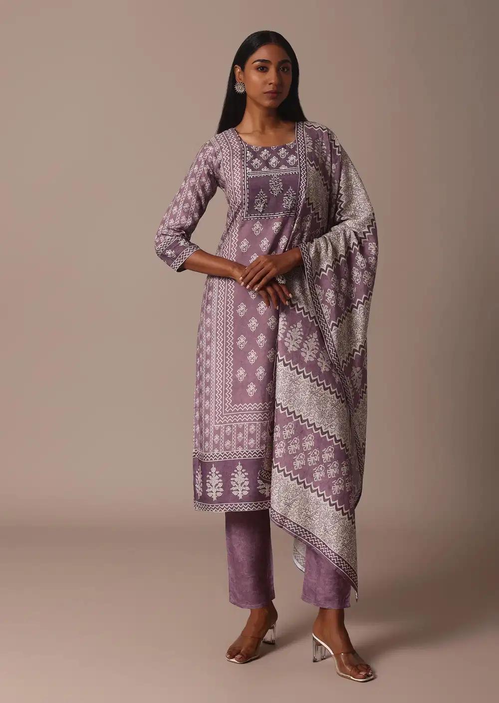 Purple Crepe Printed Kurti Pant Ensemble With Cutdana Detail