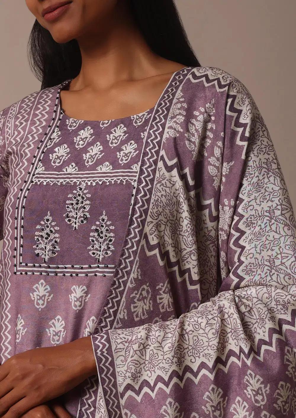 Purple Crepe Printed Kurti Pant Ensemble With Cutdana Detail
