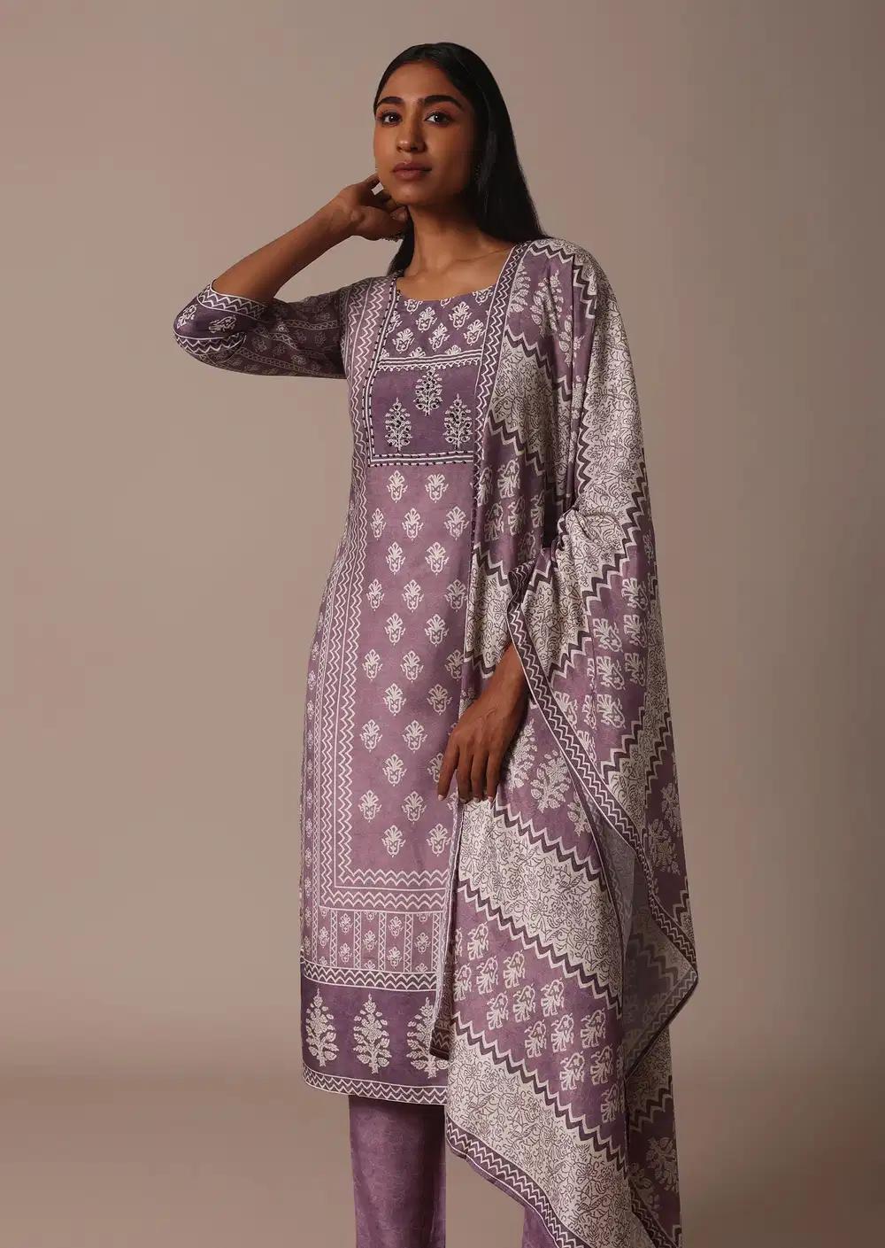 Purple Crepe Printed Kurti Pant Ensemble With Cutdana Detail