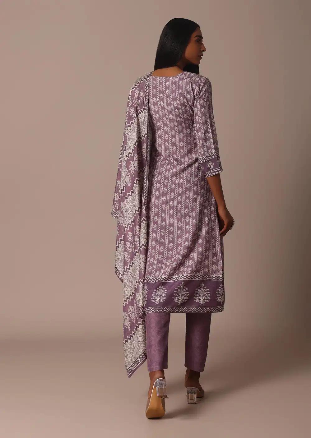 Purple Crepe Printed Kurti Pant Ensemble With Cutdana Detail