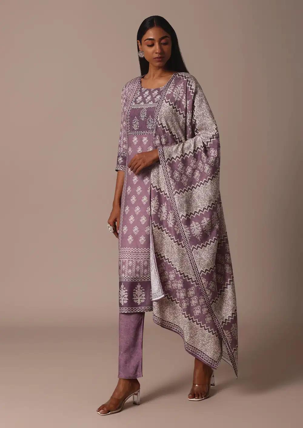Purple Crepe Printed Kurti Pant Ensemble With Cutdana Detail