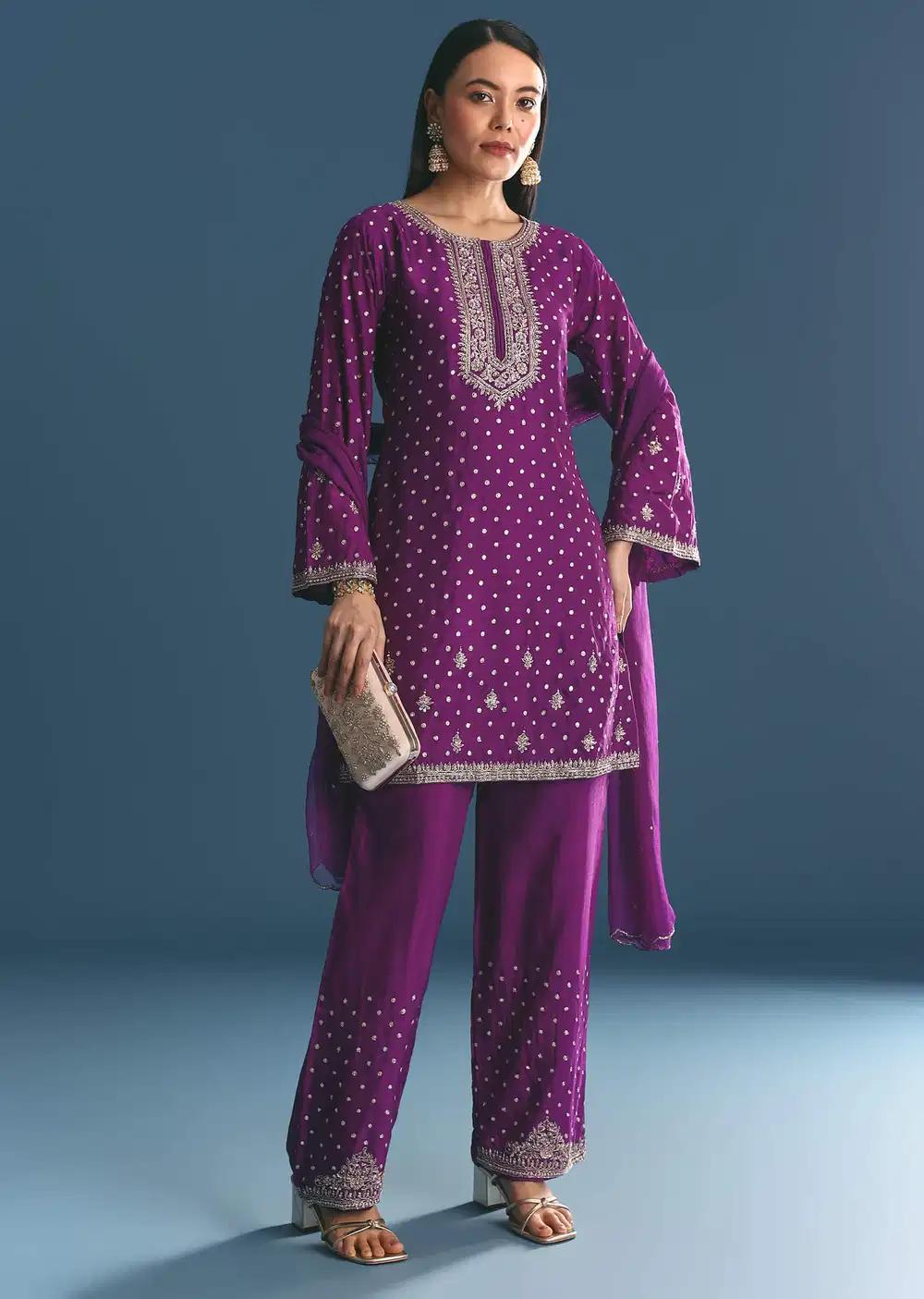Purple Silk Embroidered Kurta Ensemble With Dupatta Outfit
