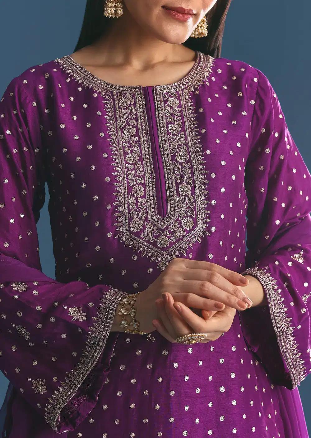 Purple Silk Embroidered Kurta Ensemble With Dupatta Outfit