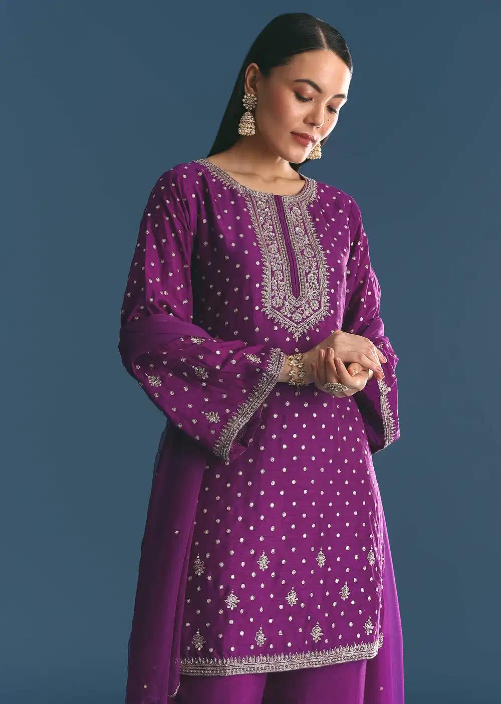 Purple Silk Embroidered Kurta Ensemble With Dupatta Outfit