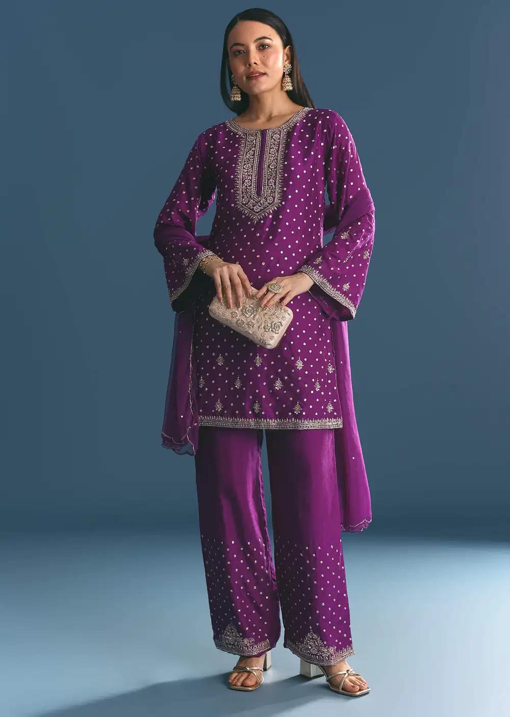Purple Silk Embroidered Kurta Ensemble With Dupatta Outfit