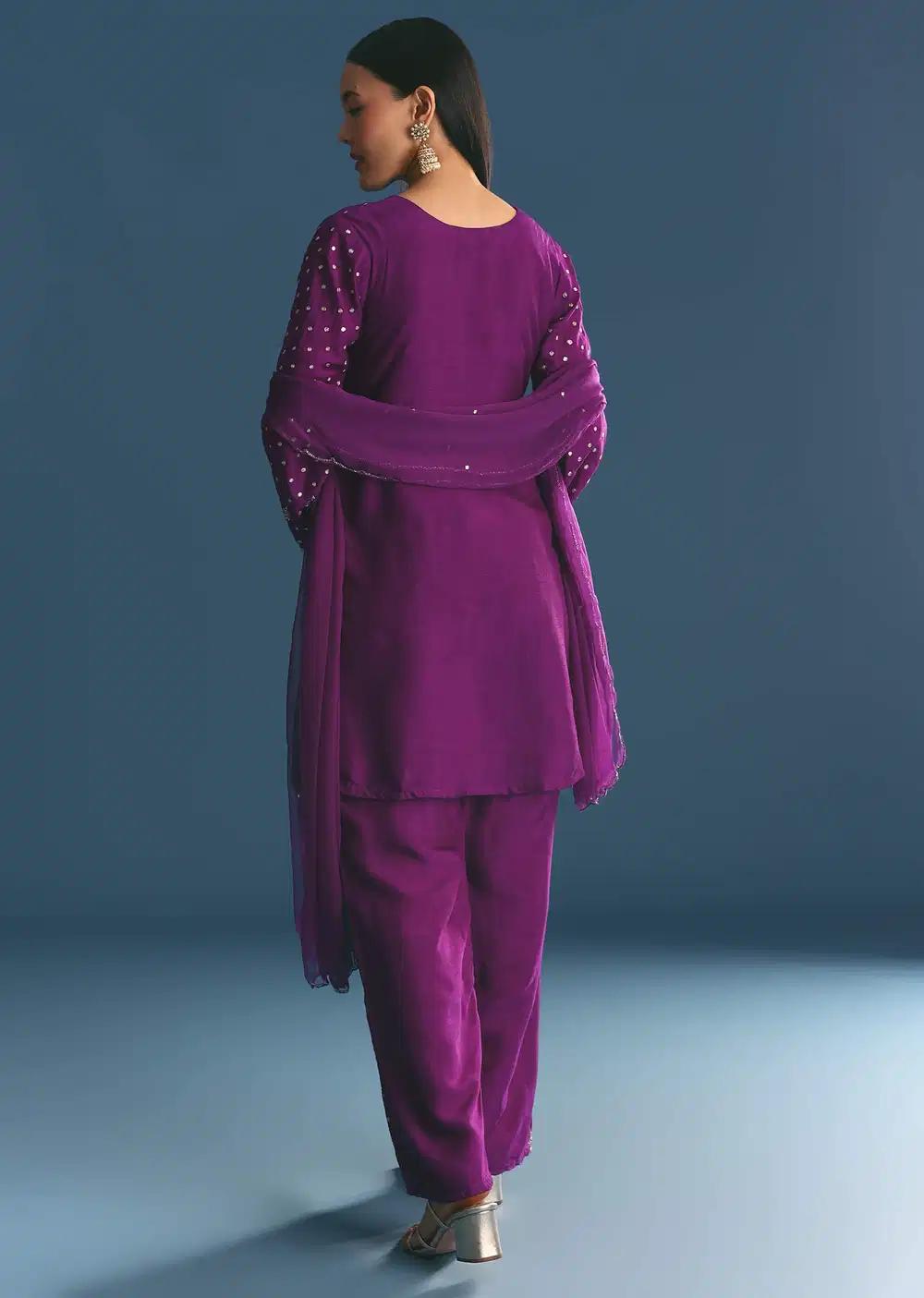 Purple Silk Embroidered Kurta Ensemble With Dupatta Outfit