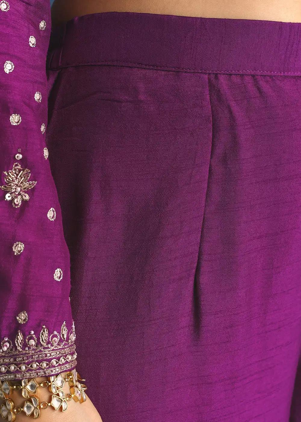 Purple Silk Embroidered Kurta Ensemble With Dupatta Outfit
