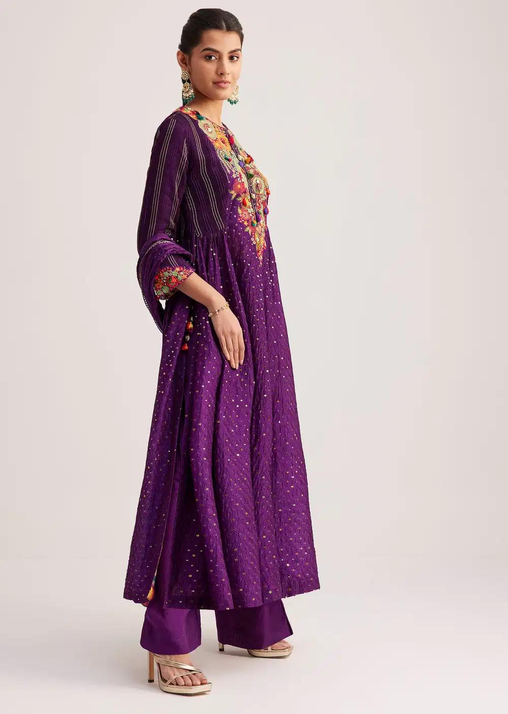 Purple Silk Kurta Ensemble With Resham Embroidery And Dupatta Outfit