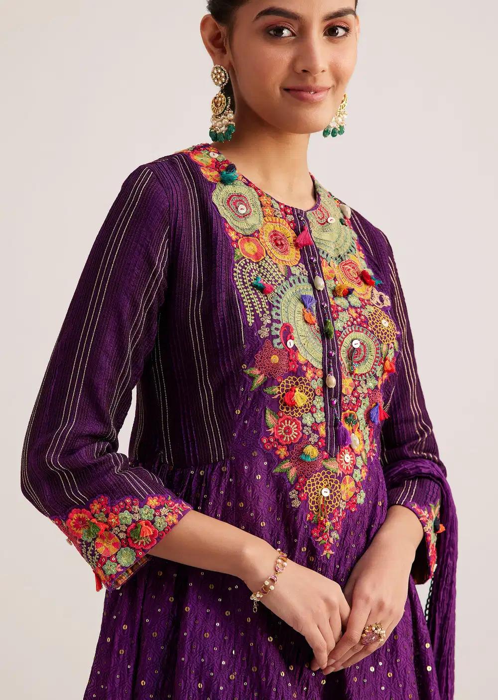 Purple Silk Kurta Ensemble With Resham Embroidery And Dupatta Outfit