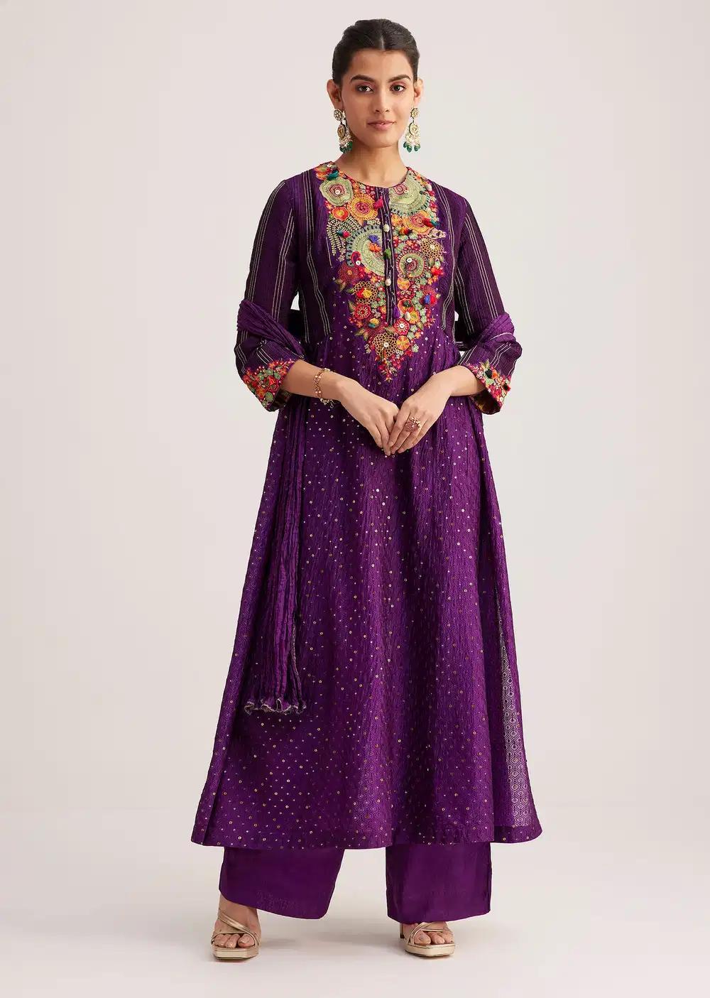 Purple Silk Kurta Ensemble With Resham Embroidery And Dupatta Outfit