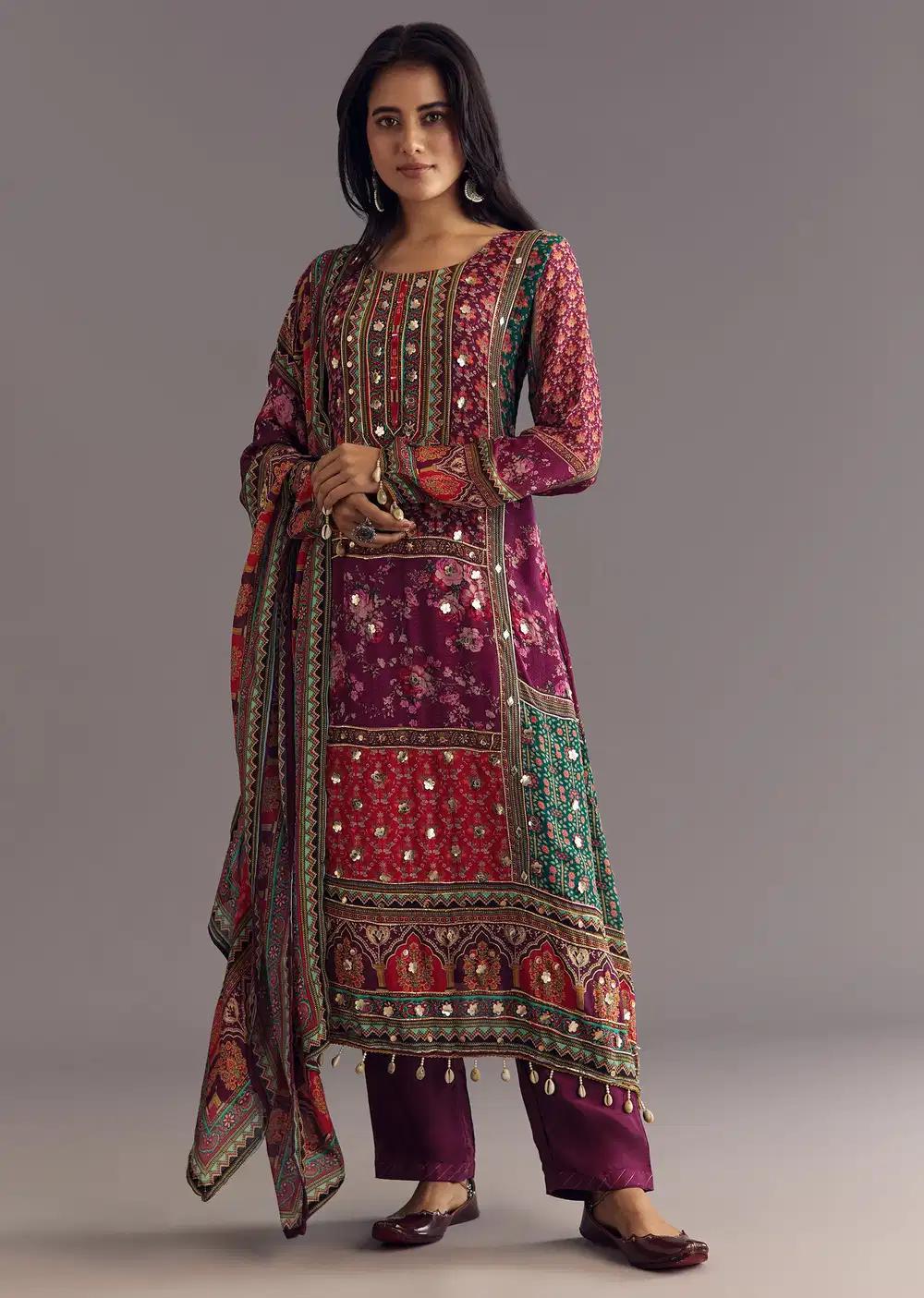 Purple Wine Floral Chinon Kurta Ensemble With Gotta Lace Dupatta Outfit