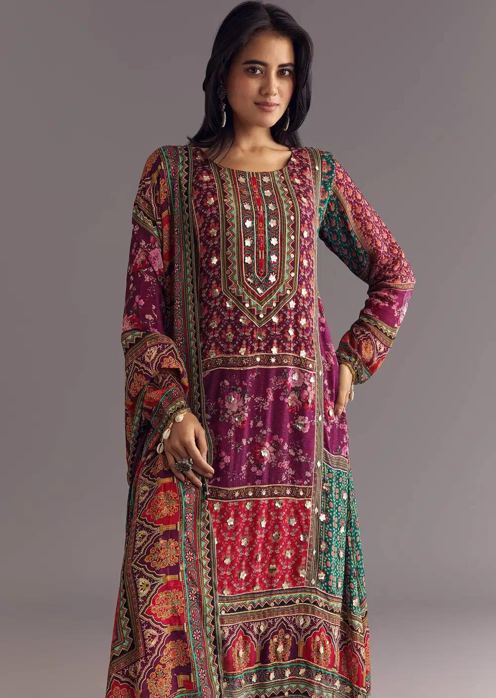Purple Wine Floral Chinon Kurta Ensemble With Gotta Lace Dupatta Outfit