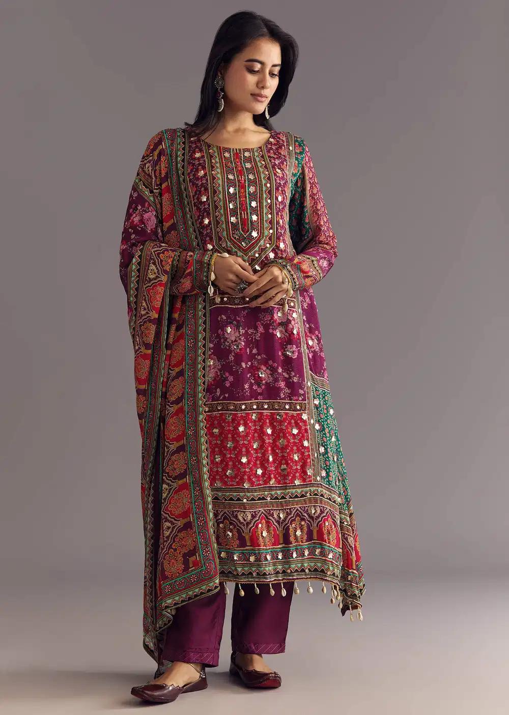 Purple Wine Floral Chinon Kurta Ensemble With Gotta Lace Dupatta Outfit
