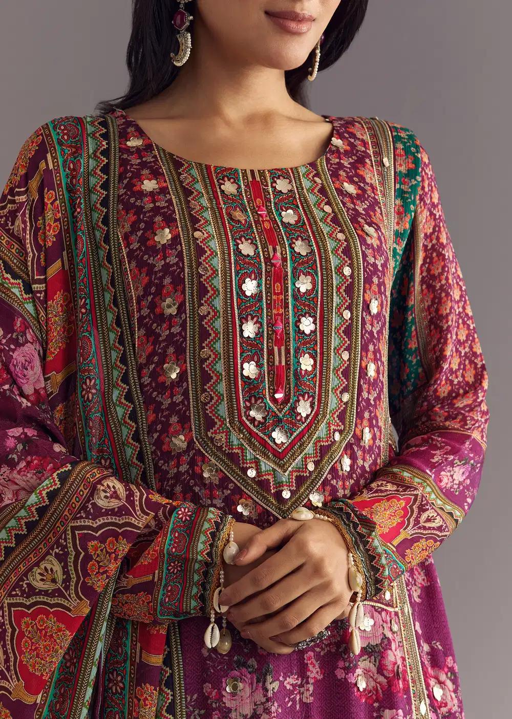Purple Wine Floral Chinon Kurta Ensemble With Gotta Lace Dupatta Outfit