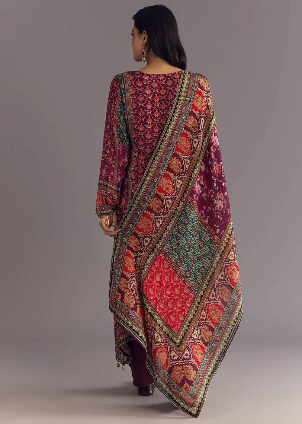 Purple Wine Floral Chinon Kurta Ensemble With Gotta Lace Dupatta Outfit