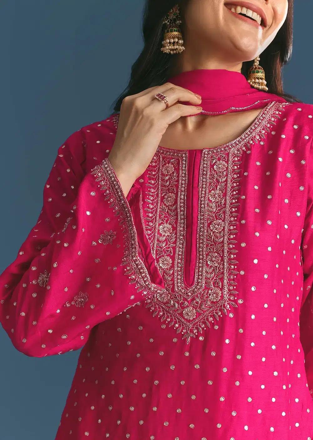 Rani Pink Silk Embroidered Kurta Ensemble With Dupatta Outfit
