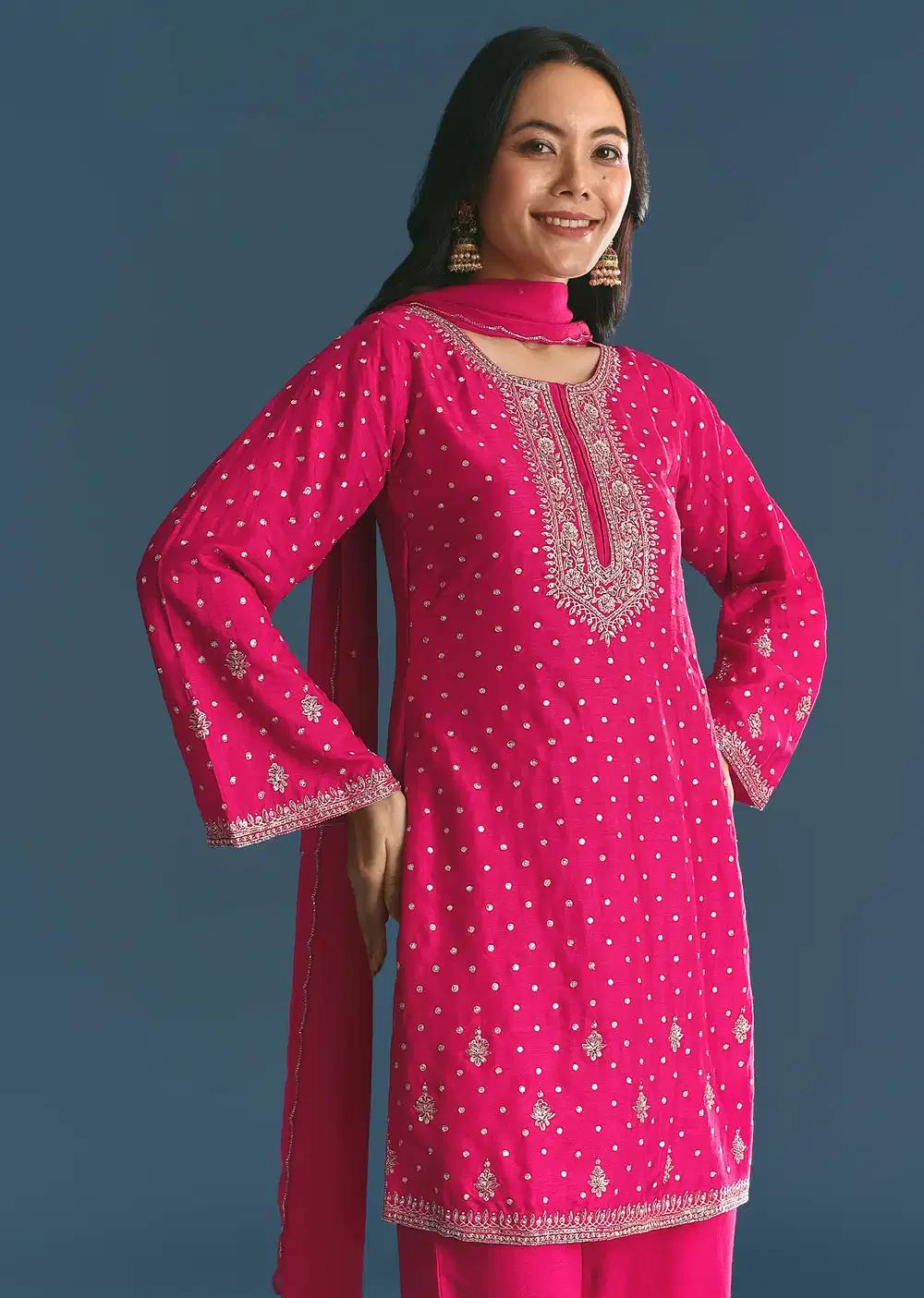 Rani Pink Silk Embroidered Kurta Ensemble With Dupatta Outfit