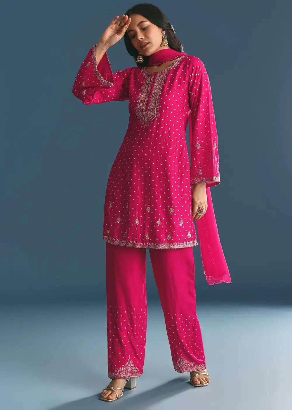 Rani Pink Silk Embroidered Kurta Ensemble With Dupatta Outfit