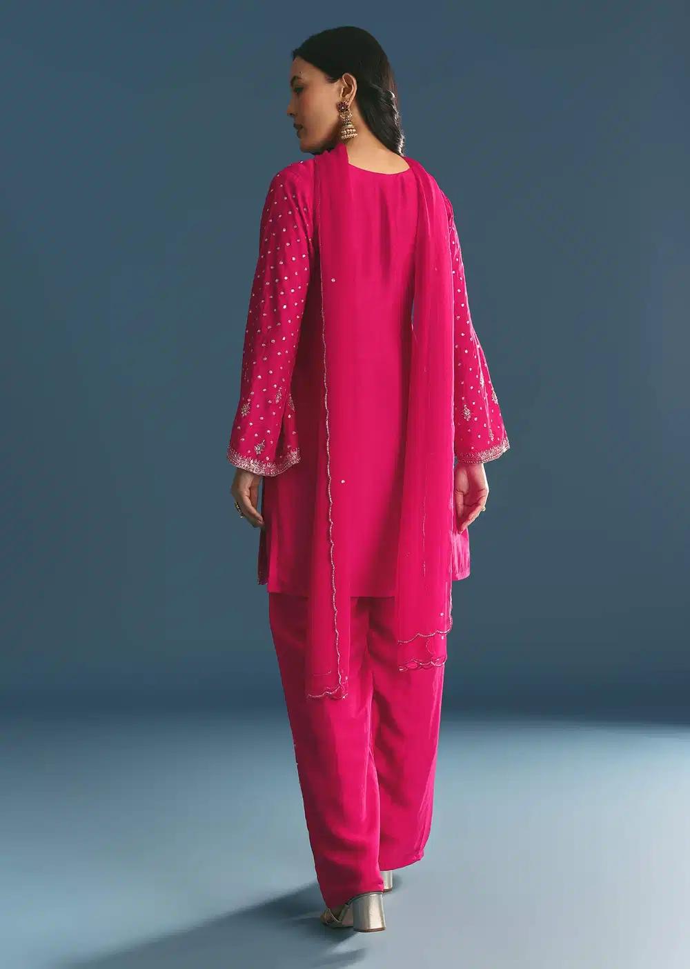 Rani Pink Silk Embroidered Kurta Ensemble With Dupatta Outfit