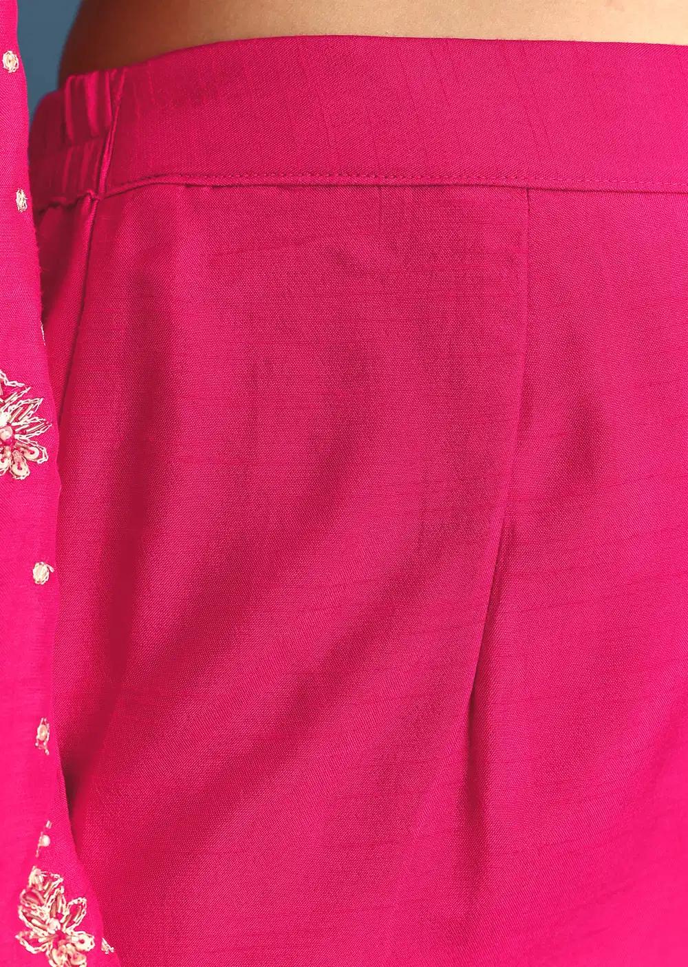 Rani Pink Silk Embroidered Kurta Ensemble With Dupatta Outfit
