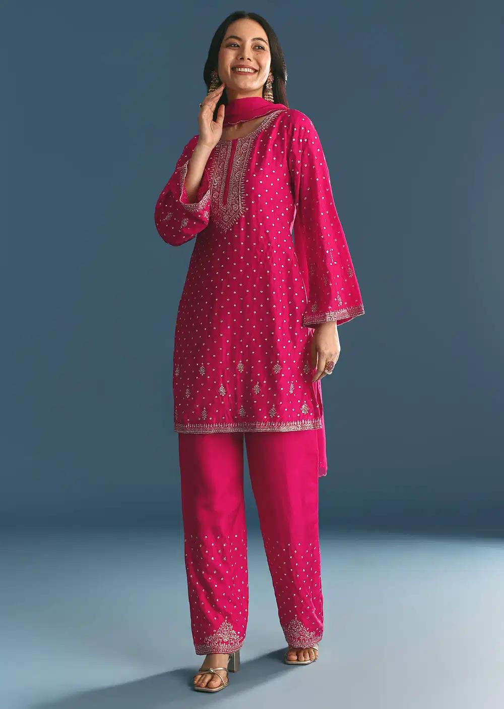 Rani Pink Silk Embroidered Kurta Ensemble With Dupatta Outfit