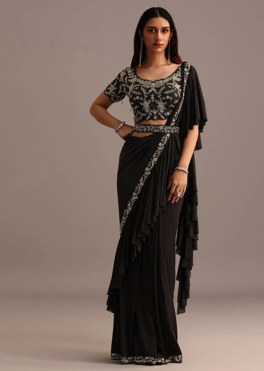 Ready To Wear Pleated Saree In Black With Embroidered Belt