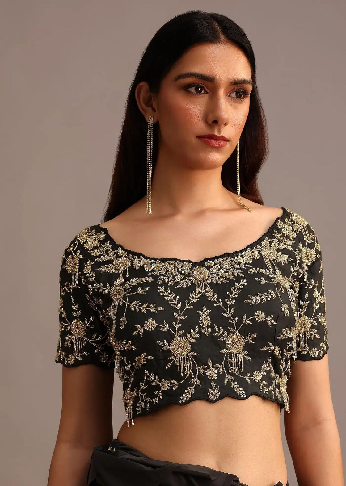 Ready To Wear Pleated Saree In Black With Embroidered Belt