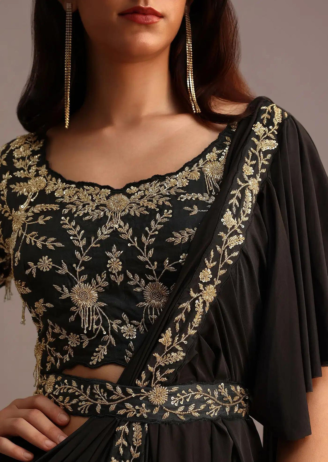 Ready To Wear Pleated Saree In Black With Embroidered Belt
