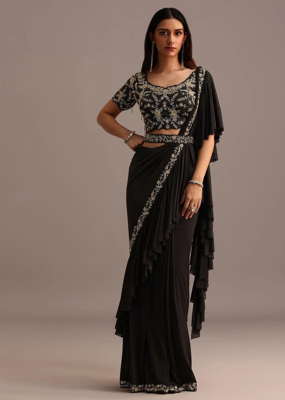 Ready To Wear Pleated Saree In Black With Embroidered Belt