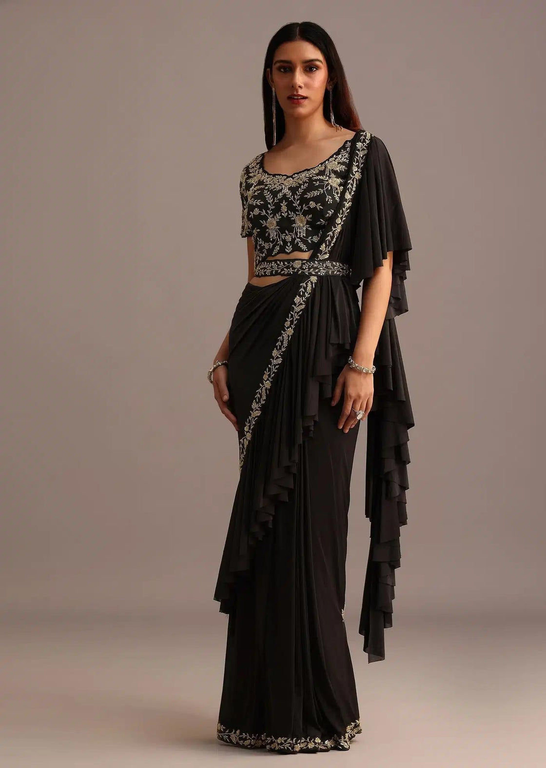 Ready To Wear Pleated Saree In Black With Embroidered Belt