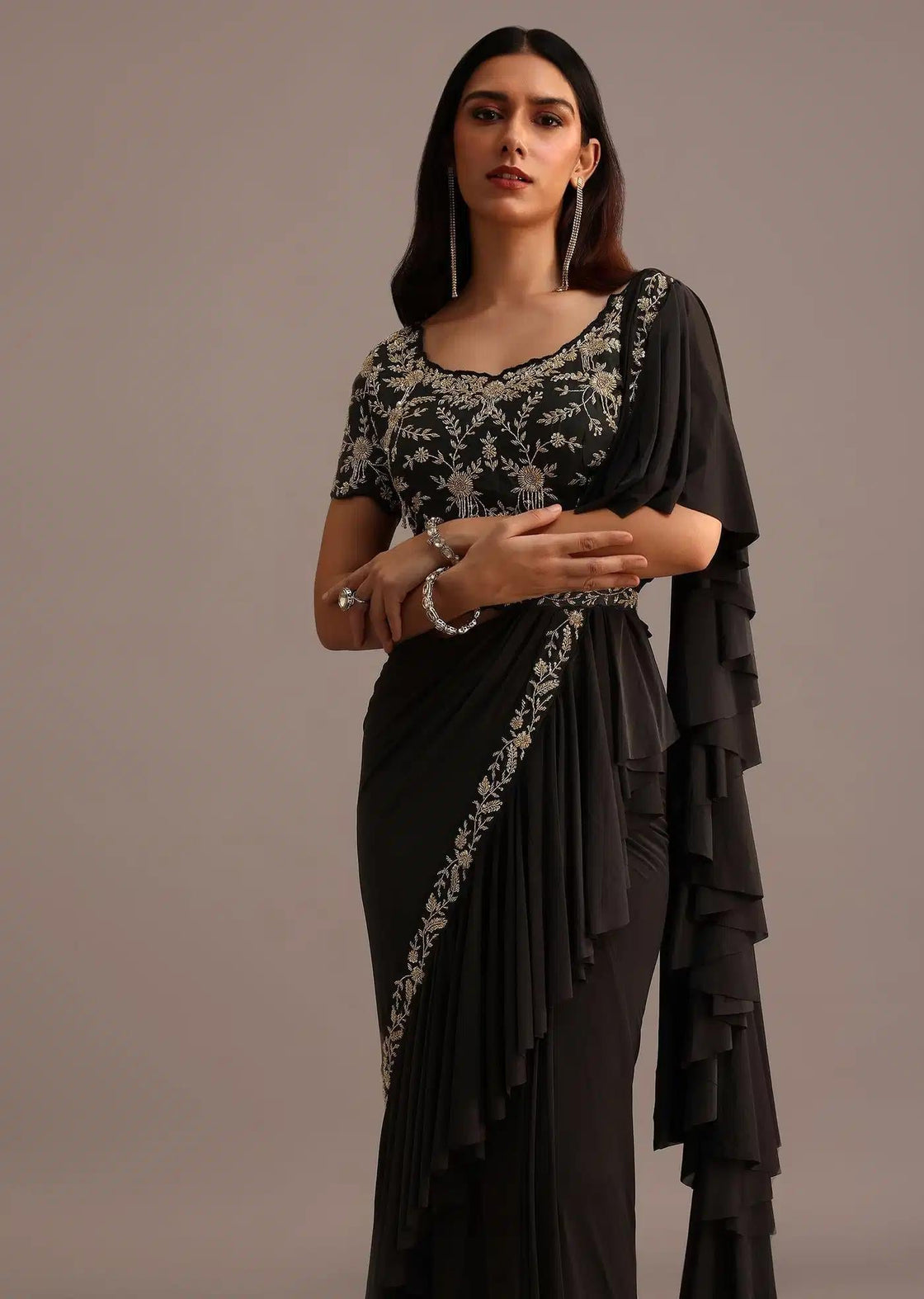 Ready To Wear Pleated Saree In Black With Embroidered Belt