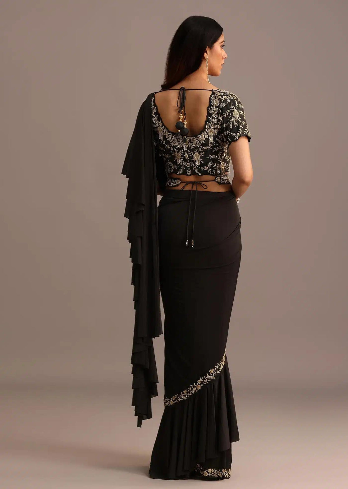 Ready To Wear Pleated Saree In Black With Embroidered Belt