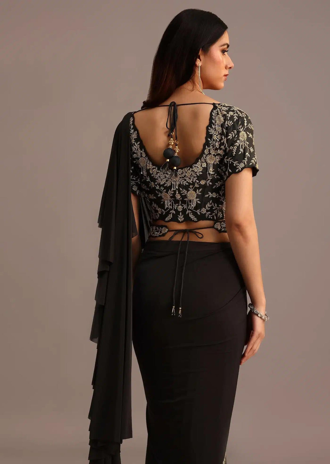Ready To Wear Pleated Saree In Black With Embroidered Belt