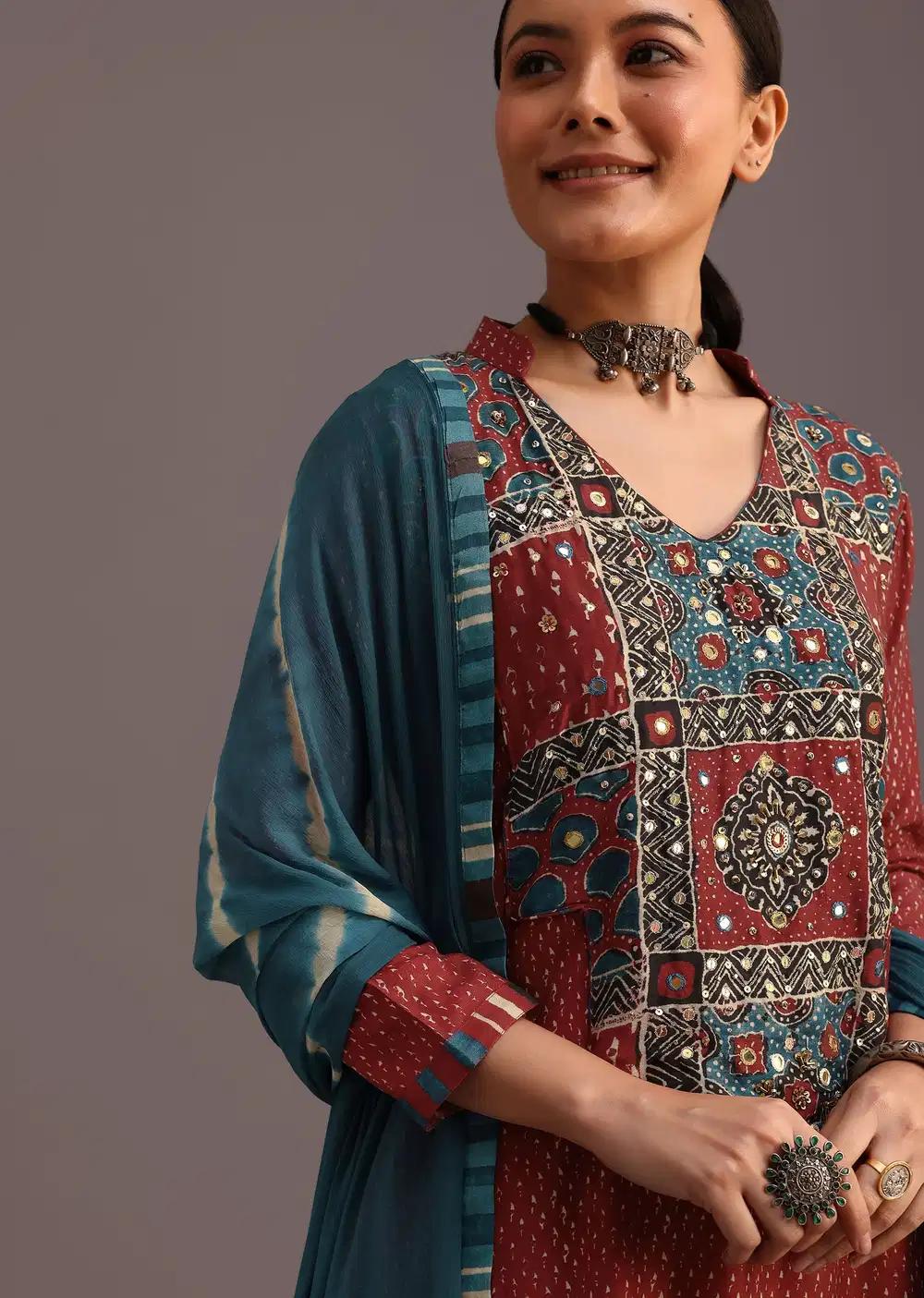 Red Ajrakh Printed Kurta Ensemble With Leheriya Dupatta Outfit